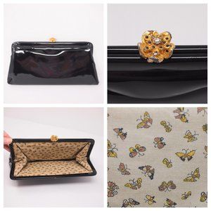 vtg 50s 60s Mod Black Patent Vinyl Clutch Purse Handbag Butterfly Print Lining